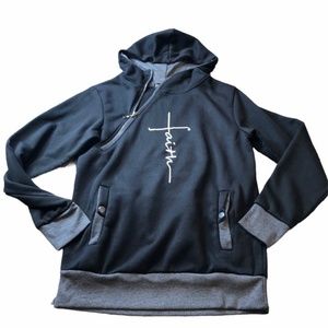 Asymmetrical Zip Black "Faith" Hoodie  Size Medium